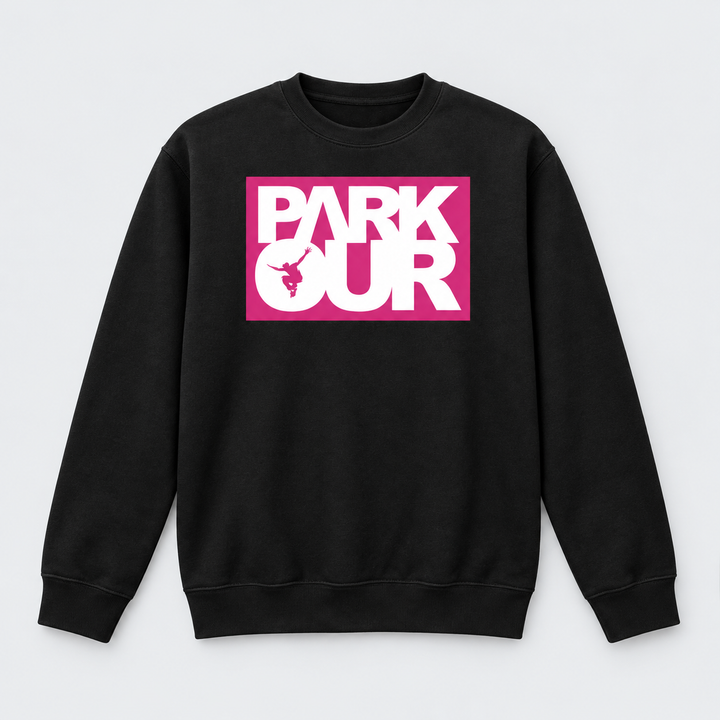 Sweatshirt m/ Parkour box, sort/pink/hvid – produktfoto på lys grå baggrund