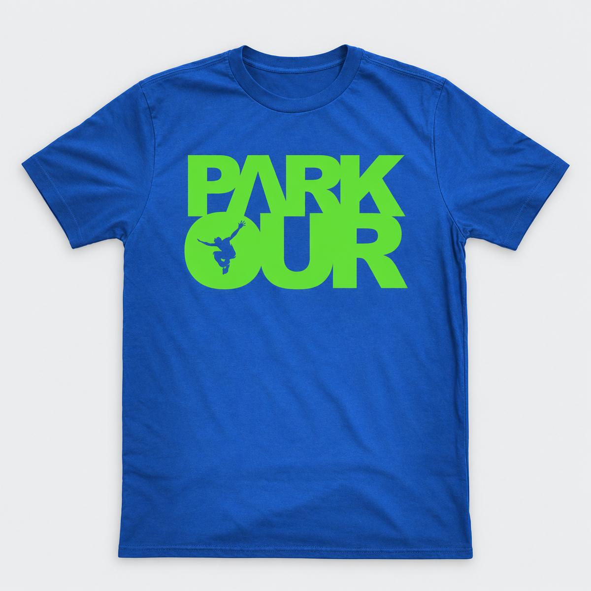 T-shirt m/ Parkour box, blå/grøn – produktfoto på lys grå baggrund