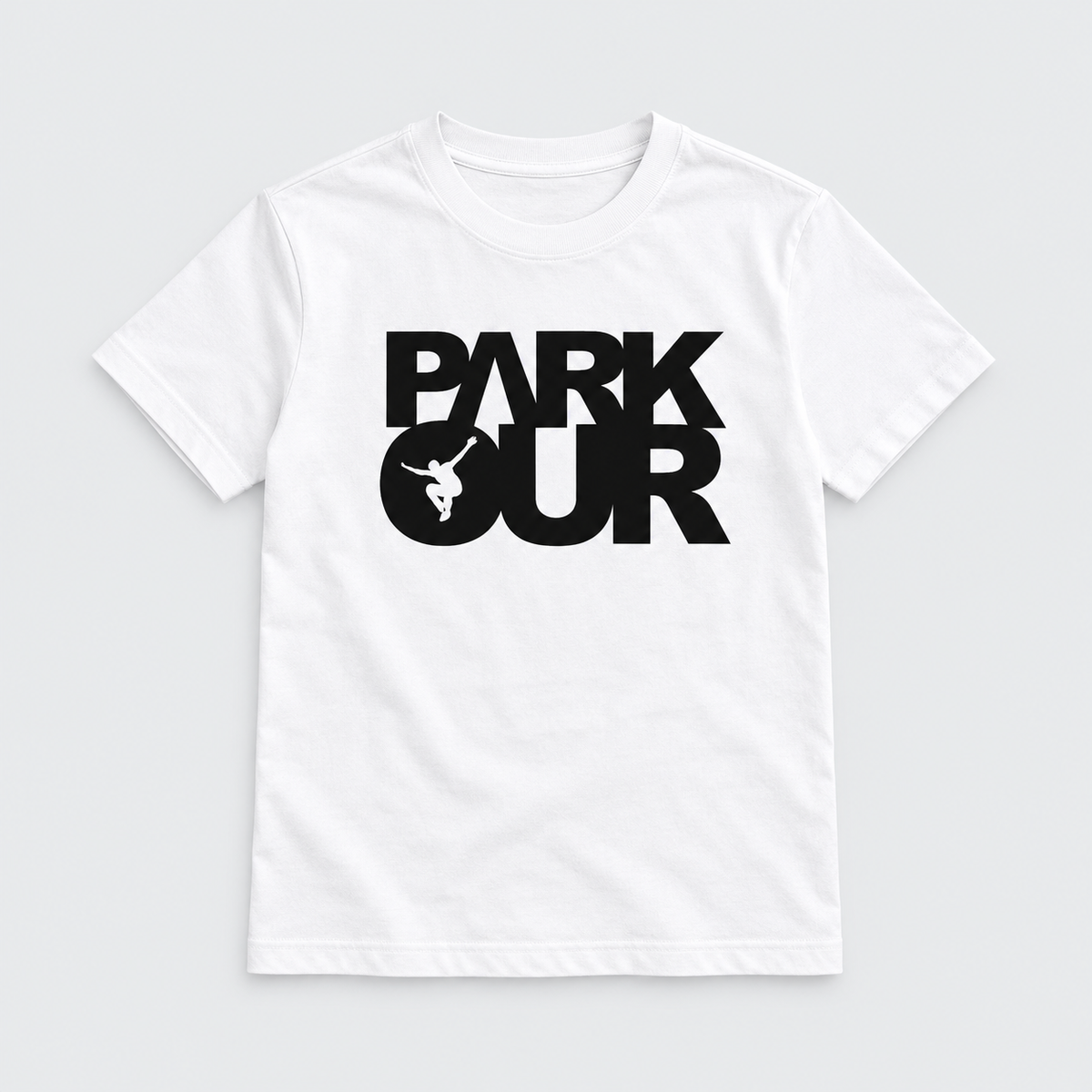 T-shirt m/ Parkour box, hvid/sort – produktfoto på lys grå baggrund