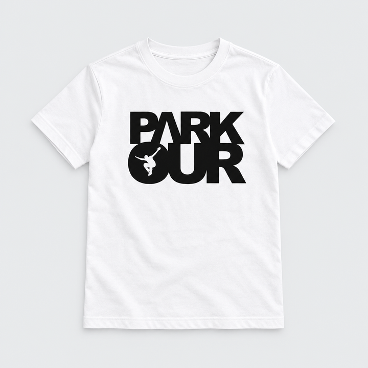 T-shirt m/ Parkour box, hvid/sort – produktfoto på lys grå baggrund