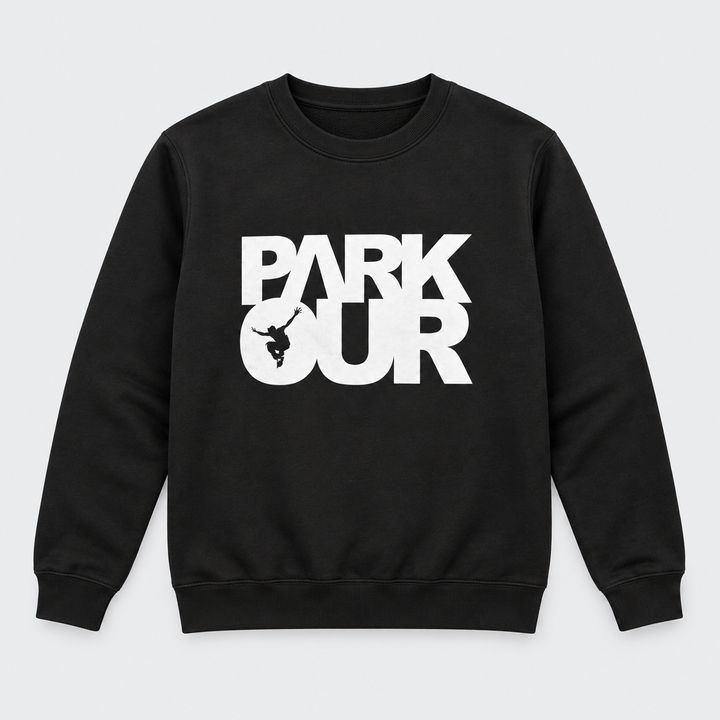 Sweatshirt m/ Parkour box, sort/hvid – produktfoto på lys grå baggrund