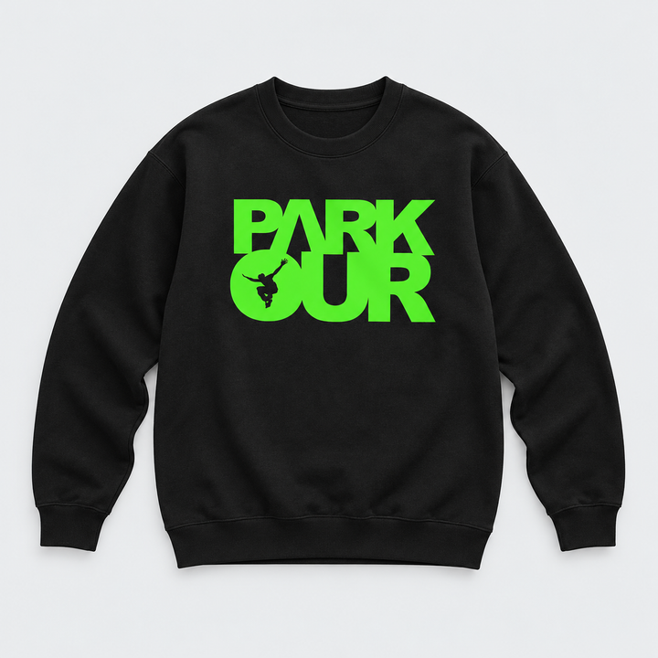 Sweatshirt m/ Parkour box, sort/grøn – produktfoto på lys grå baggrund