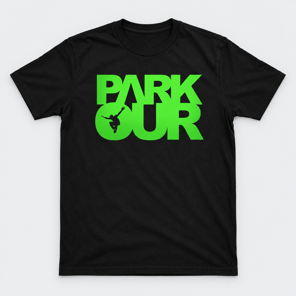 T-shirt m/ Parkour box, sort/grøn – produktfoto på lys grå baggrund