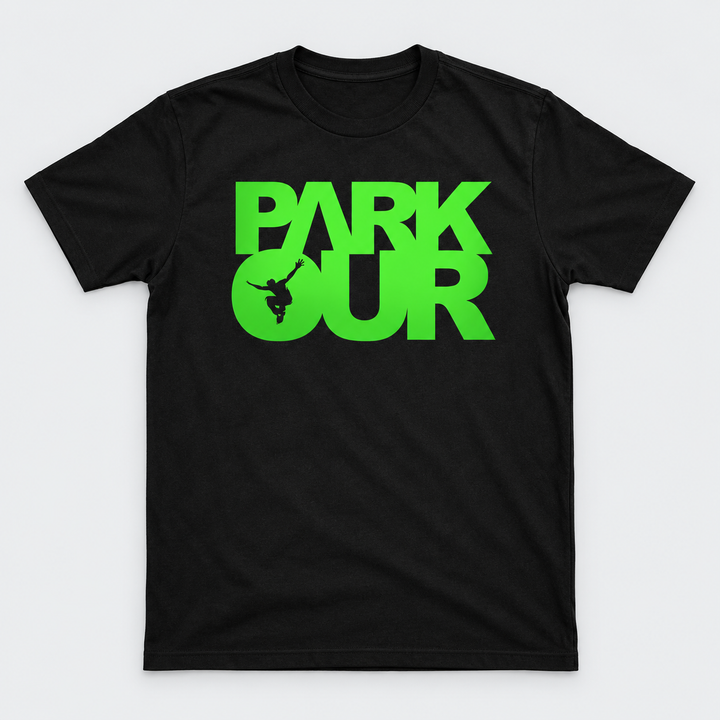 T-shirt m/ Parkour box, sort/grøn – produktfoto på lys grå baggrund