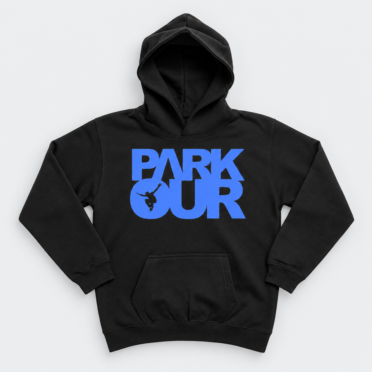 Hoodie m/ Parkour box, blå/sort – produktfoto på lys grå baggrund
