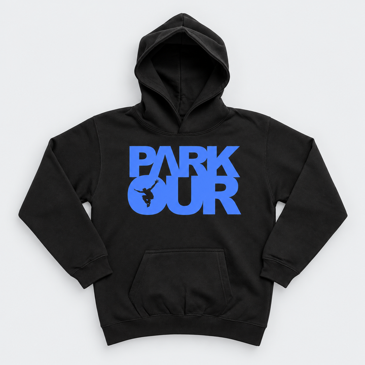 Hoodie m/ Parkour box, blå/sort – produktfoto på lys grå baggrund