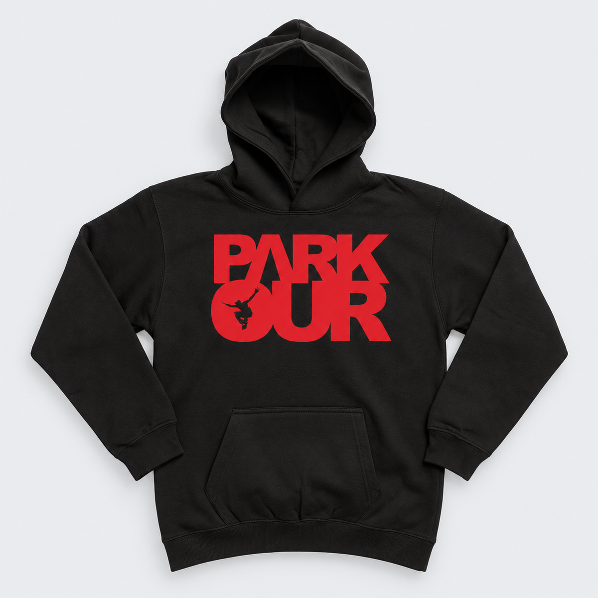 Hoodie med box logo, sort/rød – produktfoto på lys grå baggrund