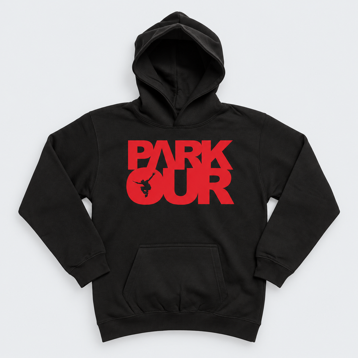 Hoodie med box logo, sort/rød – produktfoto på lys grå baggrund