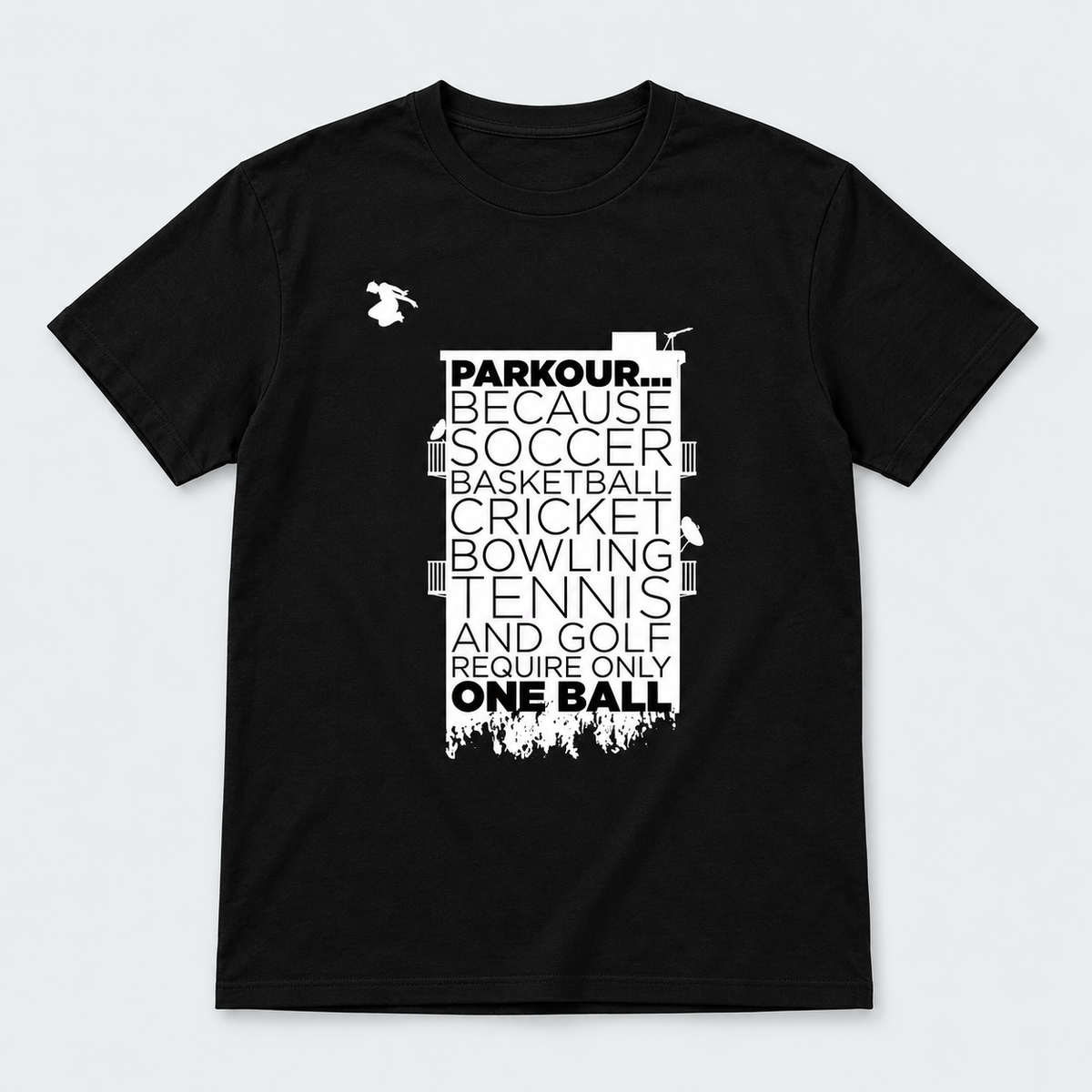 "Parkour Takes BALLS" T-shirt – Sort/Hvid – produktfoto på lys grå baggrund