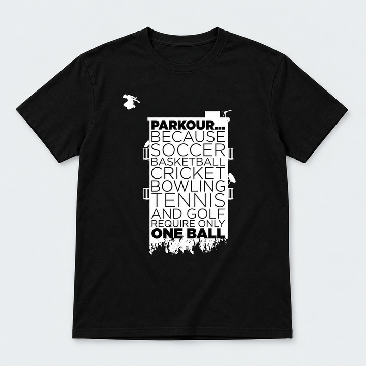 "Parkour Takes BALLS" T-shirt – Sort/Hvid – produktfoto på lys grå baggrund