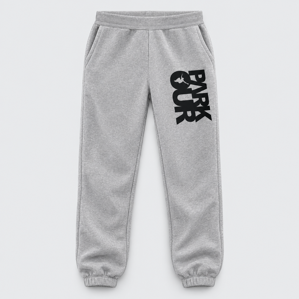 Parkour træningsbukser m/box logo, grå/sort – produktfoto på lys grå baggrund