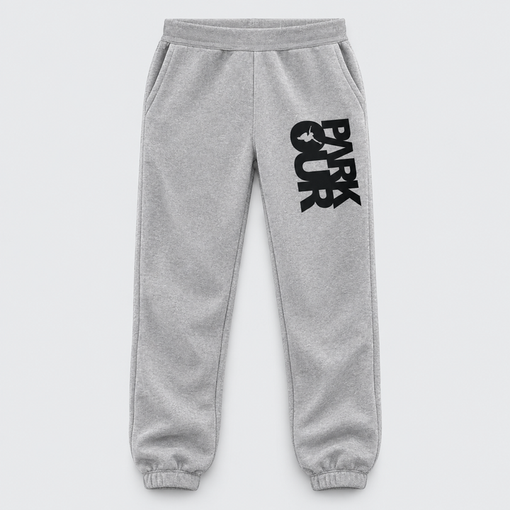 Parkour træningsbukser m/box logo, grå/sort – produktfoto på lys grå baggrund