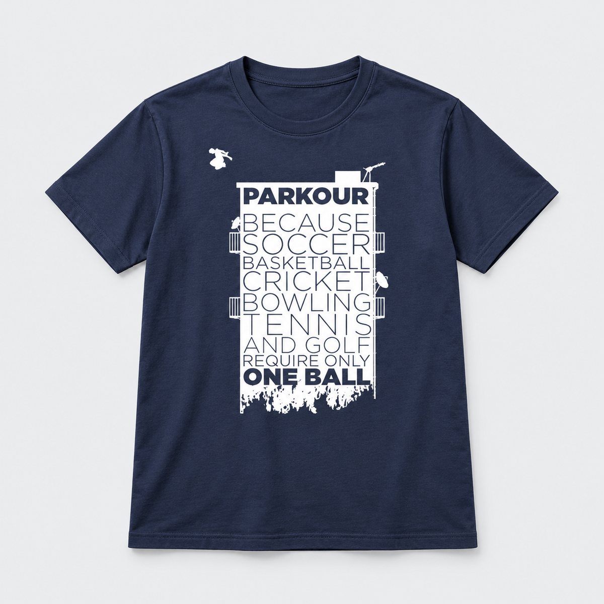 "Parkour Takes BALLS" T-shirt – Mørkeblå – produktfoto på lys grå baggrund