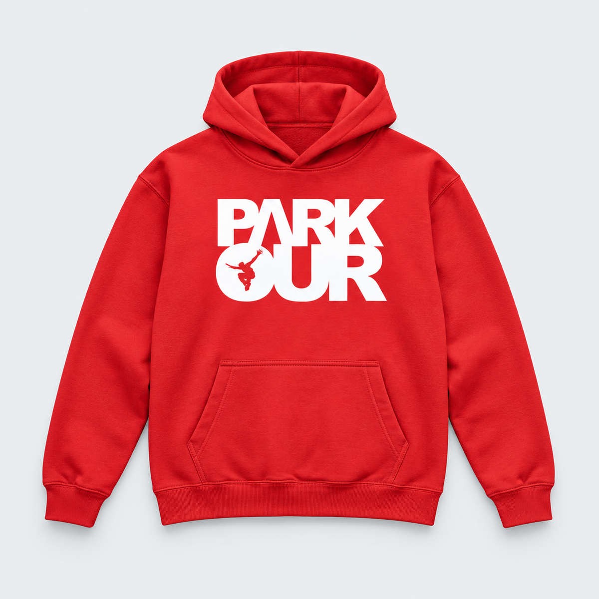 Hoodie m/ Parkour box, rød/hvid – produktfoto på lys grå baggrund