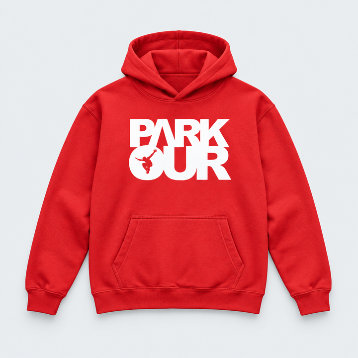 Hoodie m/ Parkour box, rød/hvid – produktfoto på lys grå baggrund