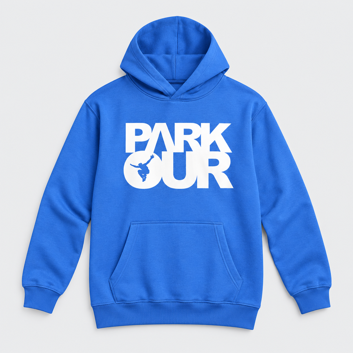 Hoodie m/ Parkour box, blå/hvid – produktfoto på lys grå baggrund
