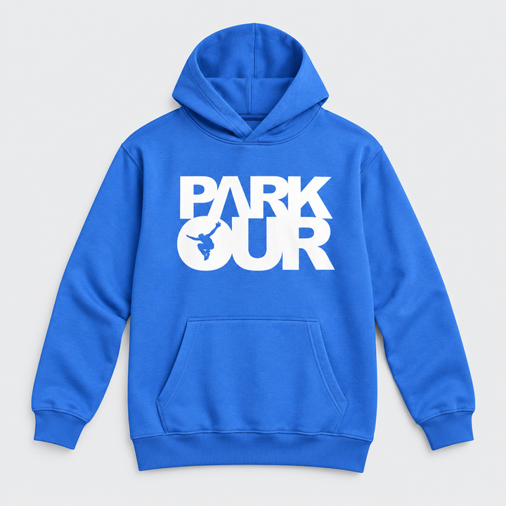 Hoodie m/ Parkour box, blå/hvid – produktfoto på lys grå baggrund