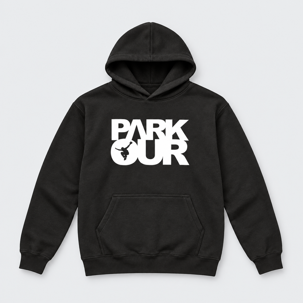 Hoodie m/ Parkour box, sort/hvid – produktfoto på lys grå baggrund