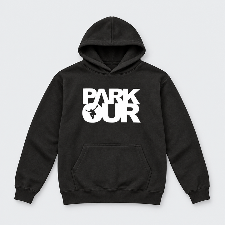 Hoodie m/ Parkour box, sort/hvid – produktfoto på lys grå baggrund