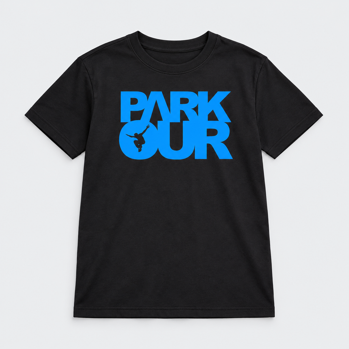 T-shirt m/ Parkour box, sort/blå – produktfoto på lys grå baggrund