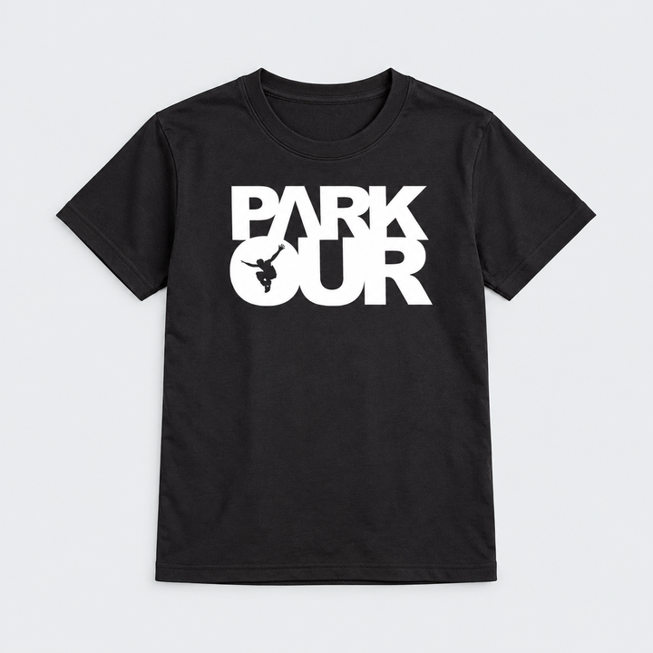 T-shirt m/ Parkour box, sort/hvid – produktfoto på lys grå baggrund