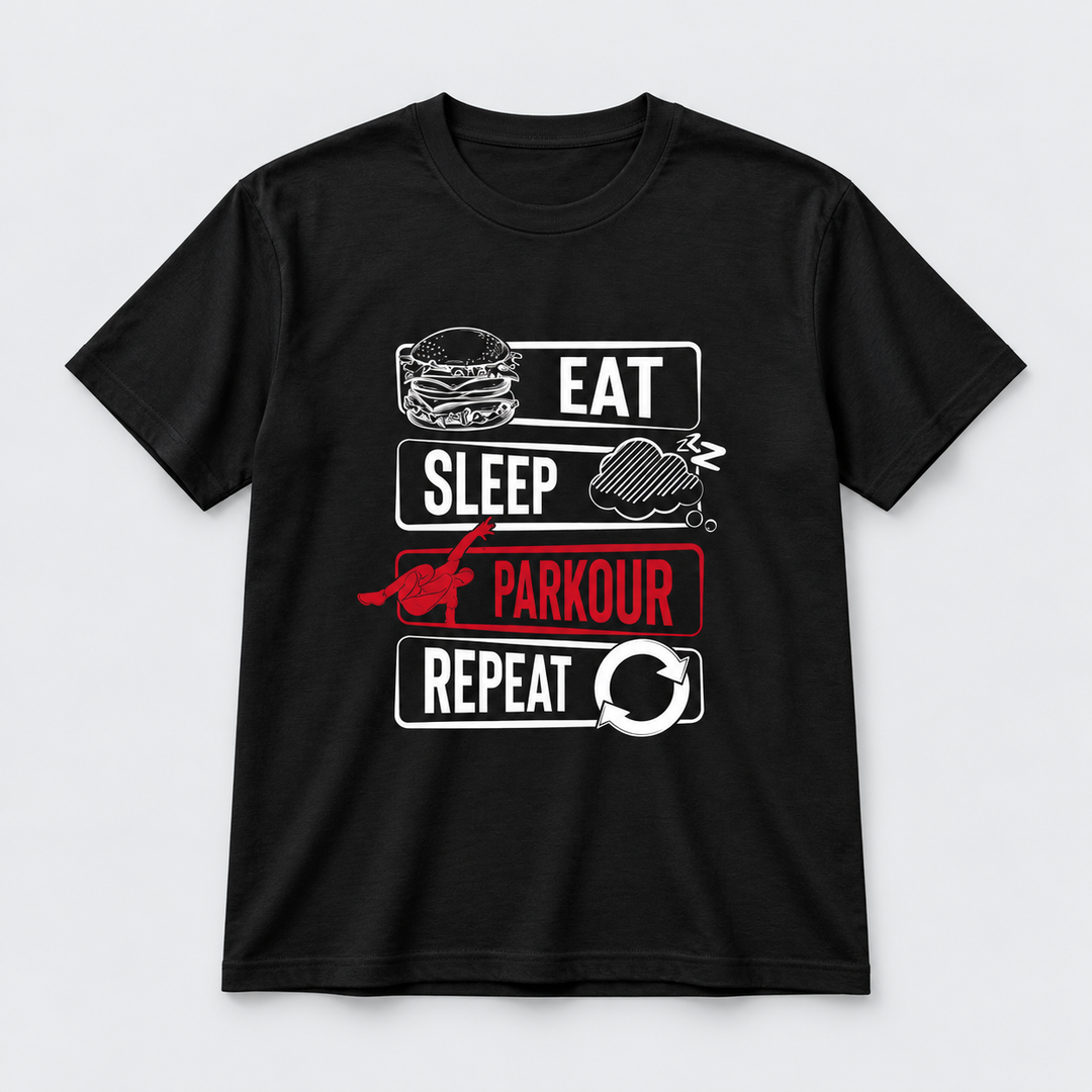 🏃‍♂️ Cool Statement Tee: "Eat - Sleep - Parkour - Repeat", sort T-Shirt Parkourshoppen