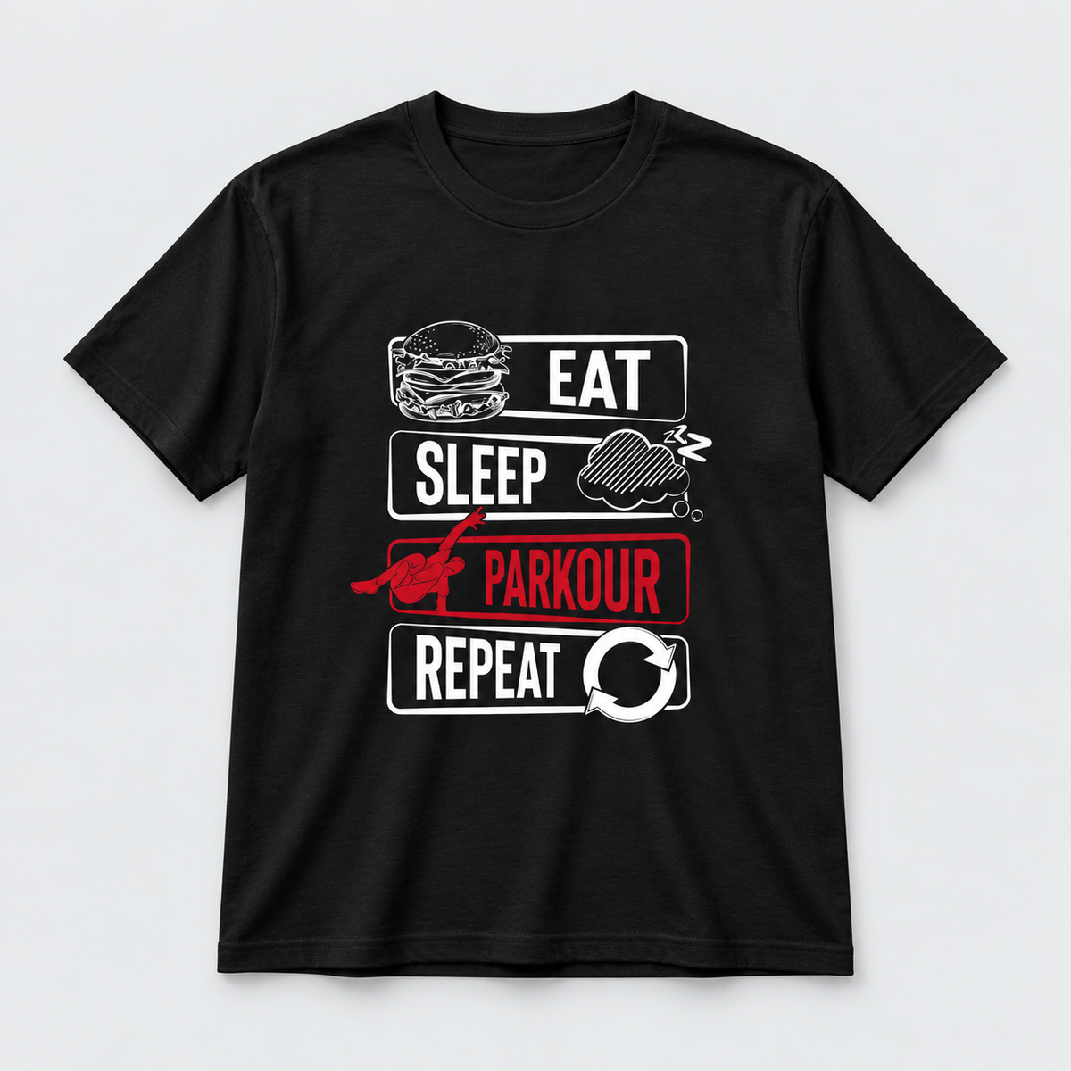 🏃‍♂️ Cool Statement Tee: "Eat - Sleep - Parkour - Repeat", sort – produktfoto på lys grå baggrund