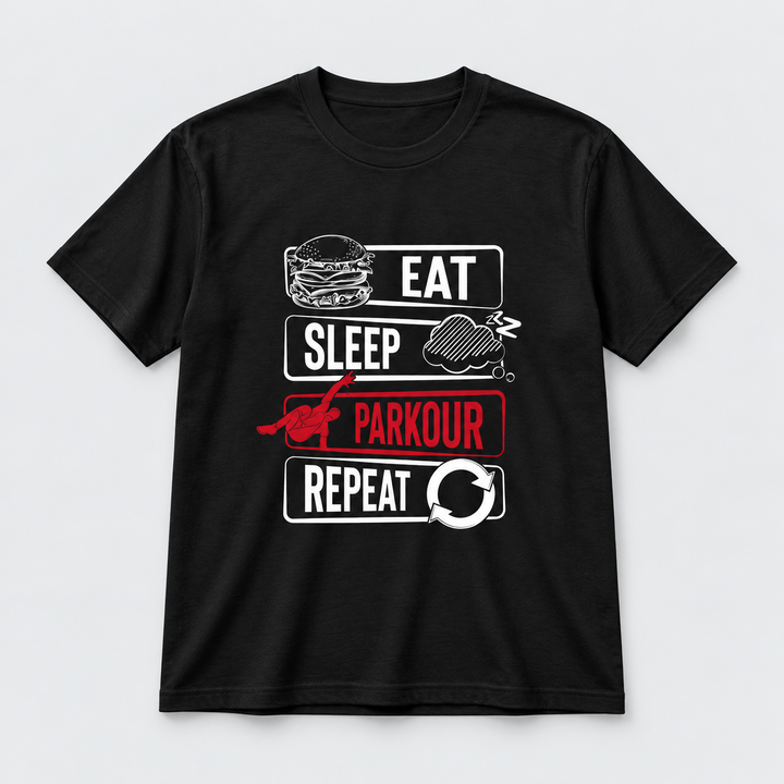 🏃‍♂️ Cool Statement Tee: "Eat - Sleep - Parkour - Repeat", sort – produktfoto på lys grå baggrund