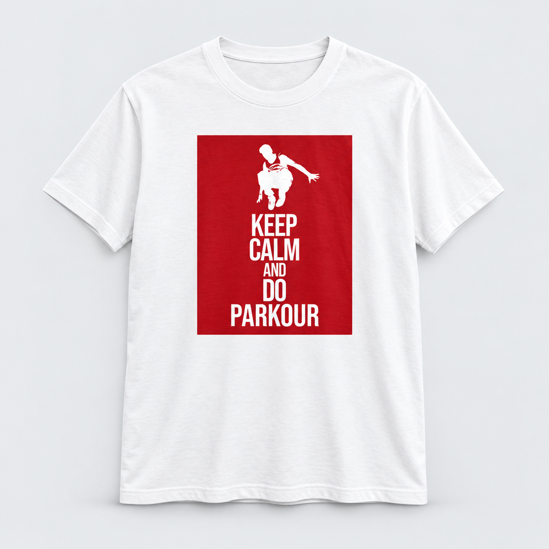 "Keep Calm and Do Parkour" T-shirt – Hvid med Rød Print T-Shirt Parkourshoppen