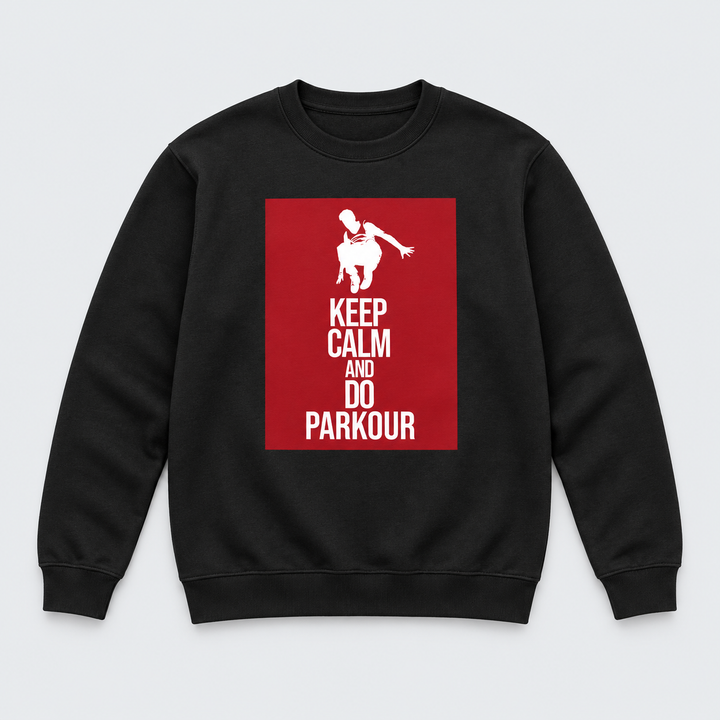 "Keep Calm and do PARKOUR" Sweatshirt – Sort med Rød – produktfoto på lys grå baggrund
