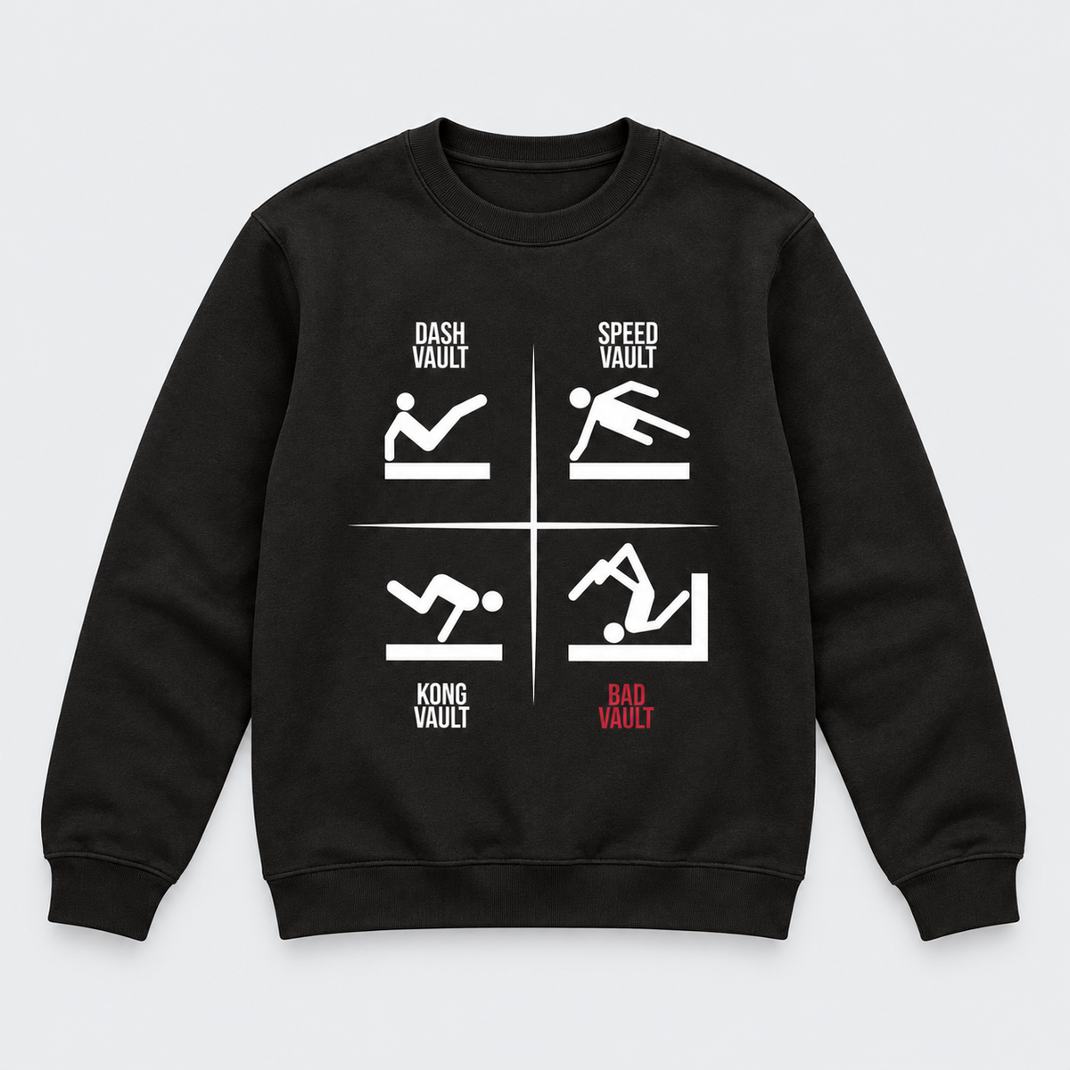 Sjov "BAD VAULT" Parkour Bluse, sort – produktfoto på lys grå baggrund