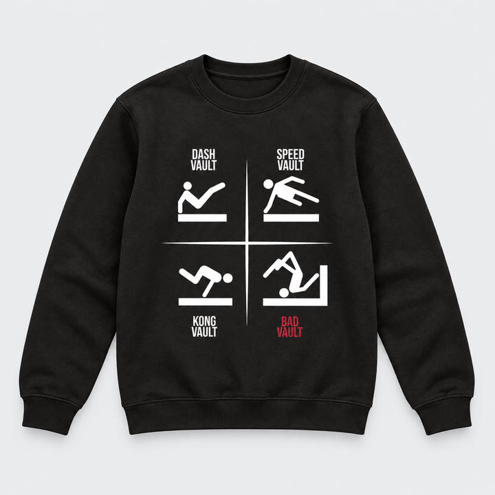 Sjov "BAD VAULT" Parkour Bluse, sort – produktfoto på lys grå baggrund
