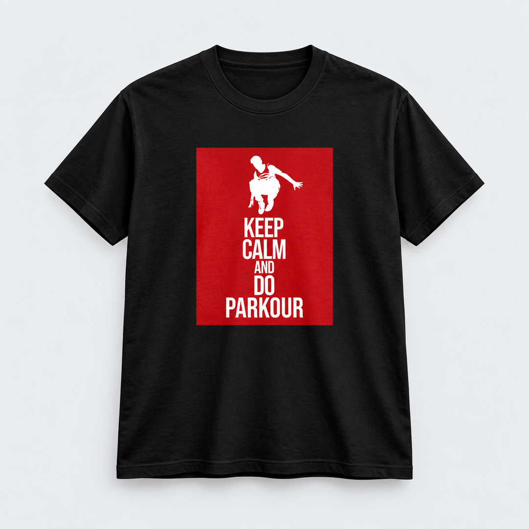 "Keep Calm and Do Parkour" T-shirt – Sort med Rød Statement Tekst T-Shirt Parkourshoppen