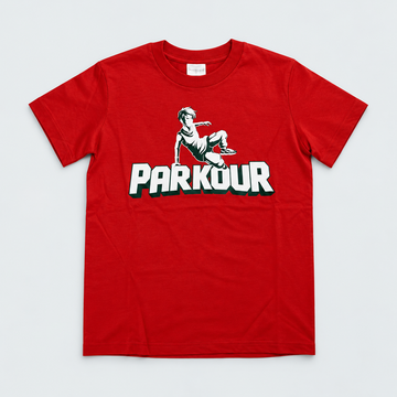 Cooles Parkour-T-Shirt, rot mit Parkour-Sportler