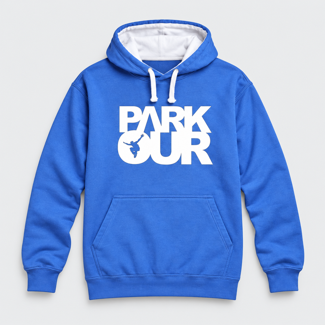 Hoodie m/ Parkour box, blå/hvid Hoodie Parkourshoppen