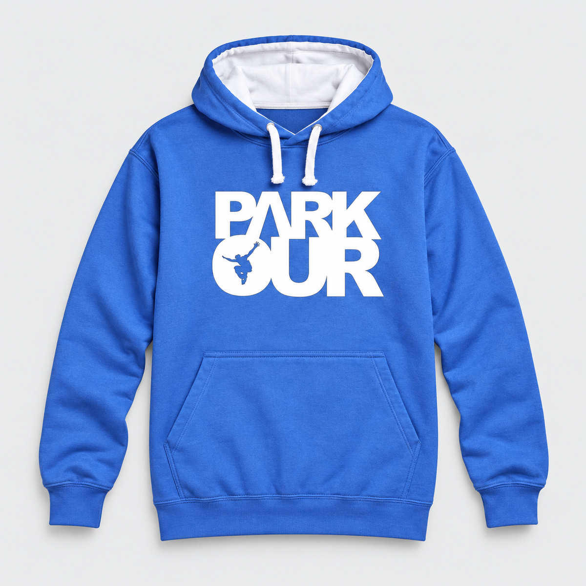 Hoodie m/ Parkour box, blå/hvid – produktfoto på lys grå baggrund