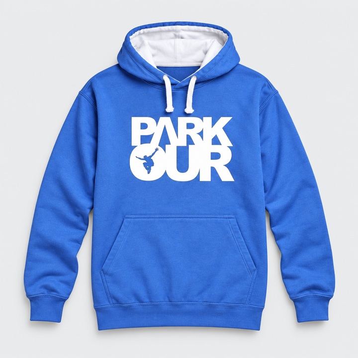 Hoodie m/ Parkour box, blå/hvid – produktfoto på lys grå baggrund