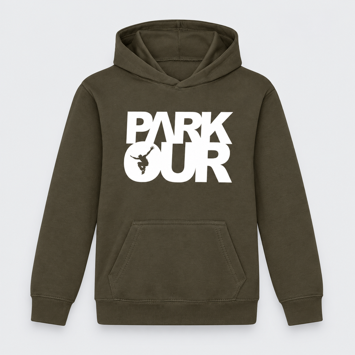 Hoodie m/ Parkour box, Oliven grøn – produktfoto på lys grå baggrund