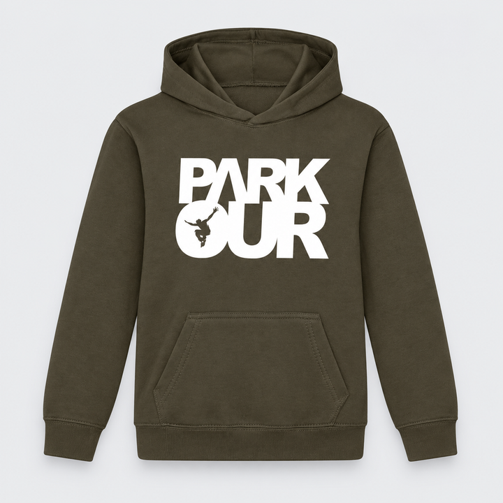 Hoodie m/ Parkour box, Oliven grøn – produktfoto på lys grå baggrund