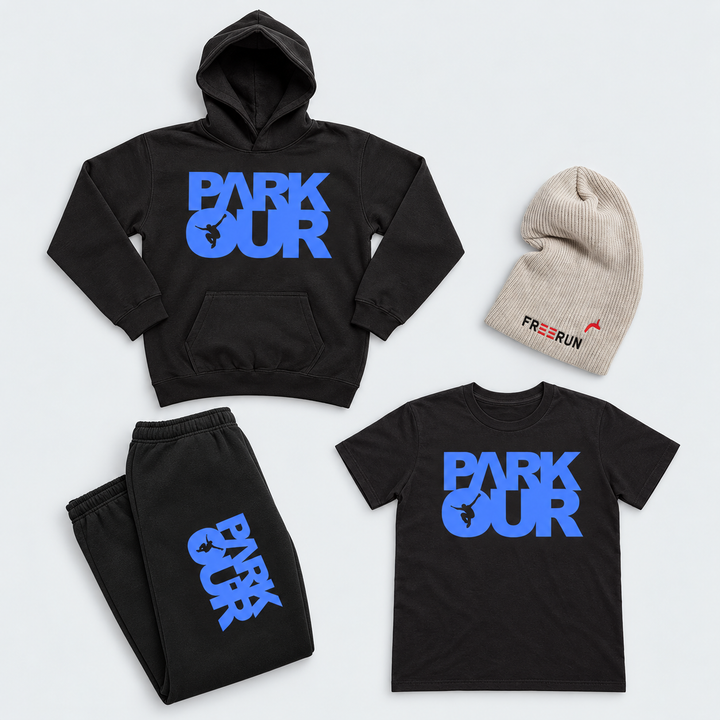 Parkour Startpakke - Medium ( sort med blå ) – produktfoto på lys grå baggrund