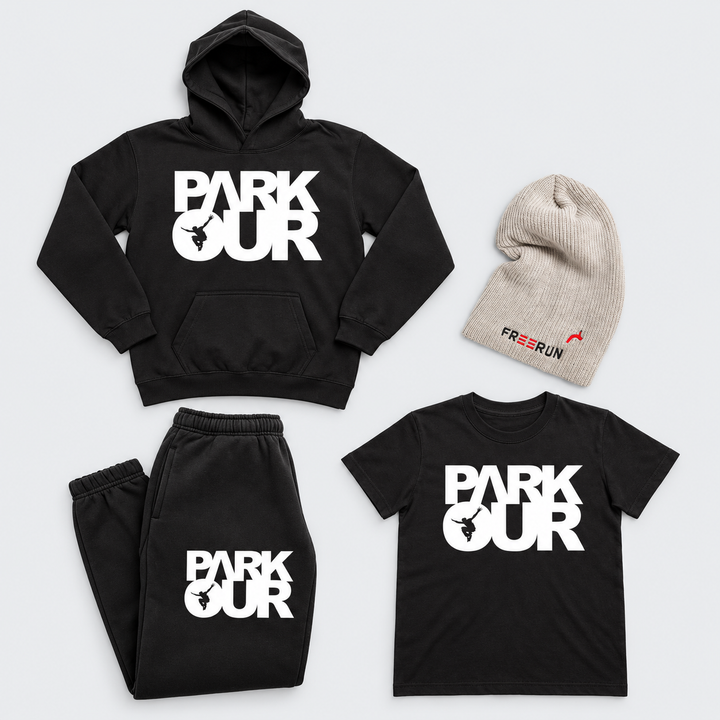 Parkour Startpakke - Medium (sort med hvid ) – produktfoto på lys grå baggrund