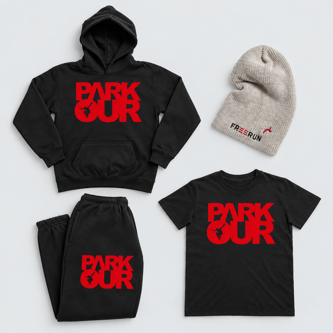 Parkour Startpakke - Medium ( sort med rød ) – produktfoto på lys grå baggrund