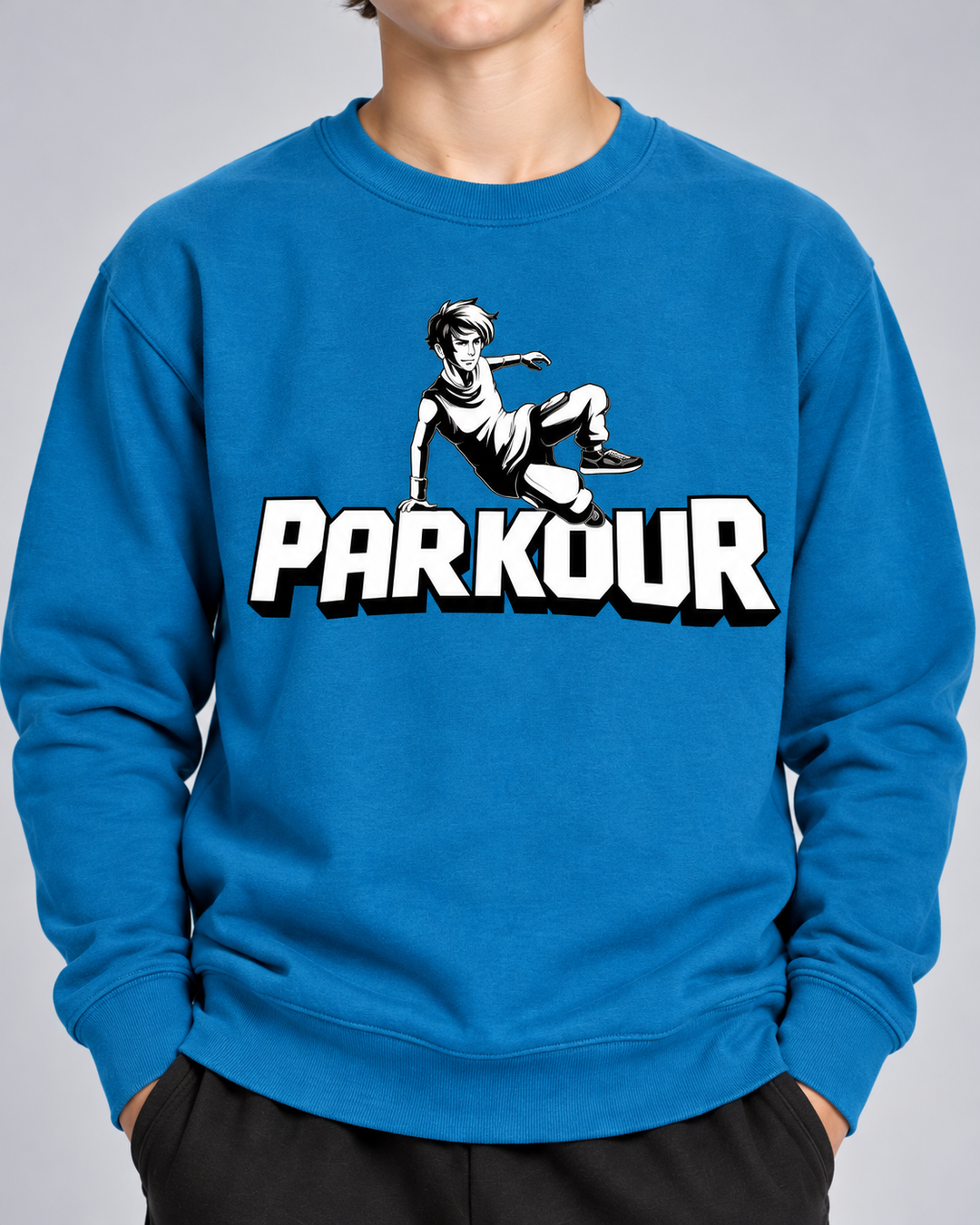 Blå Traceur-sweatshirt – detalje af tryk og materiale.