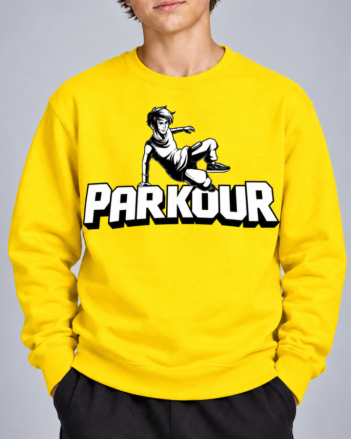Gul Traceur-sweatshirt – detalje af tryk og materiale.