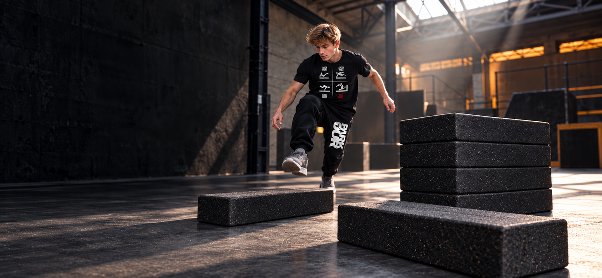 Parkourtreenit mustilla logottomilla parkourpalikoilla ja VAULTS-parkourvaatteissa