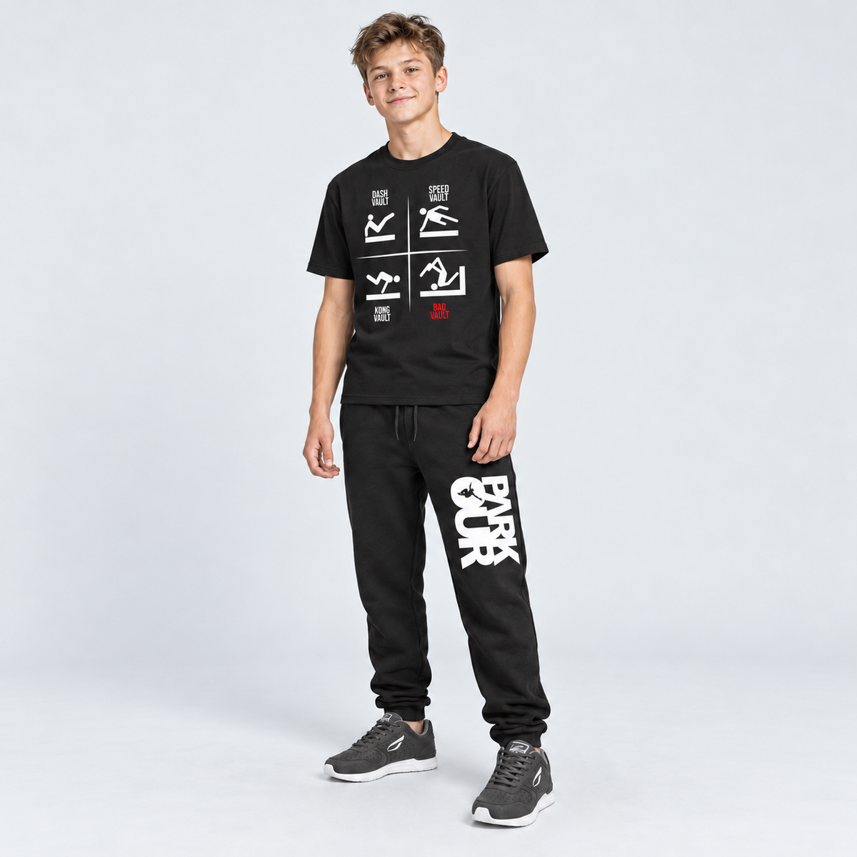 VAULTS T-shirt med YOUNG Street parkourbukser og mørkegrå JIYO Flow 2.0 sko