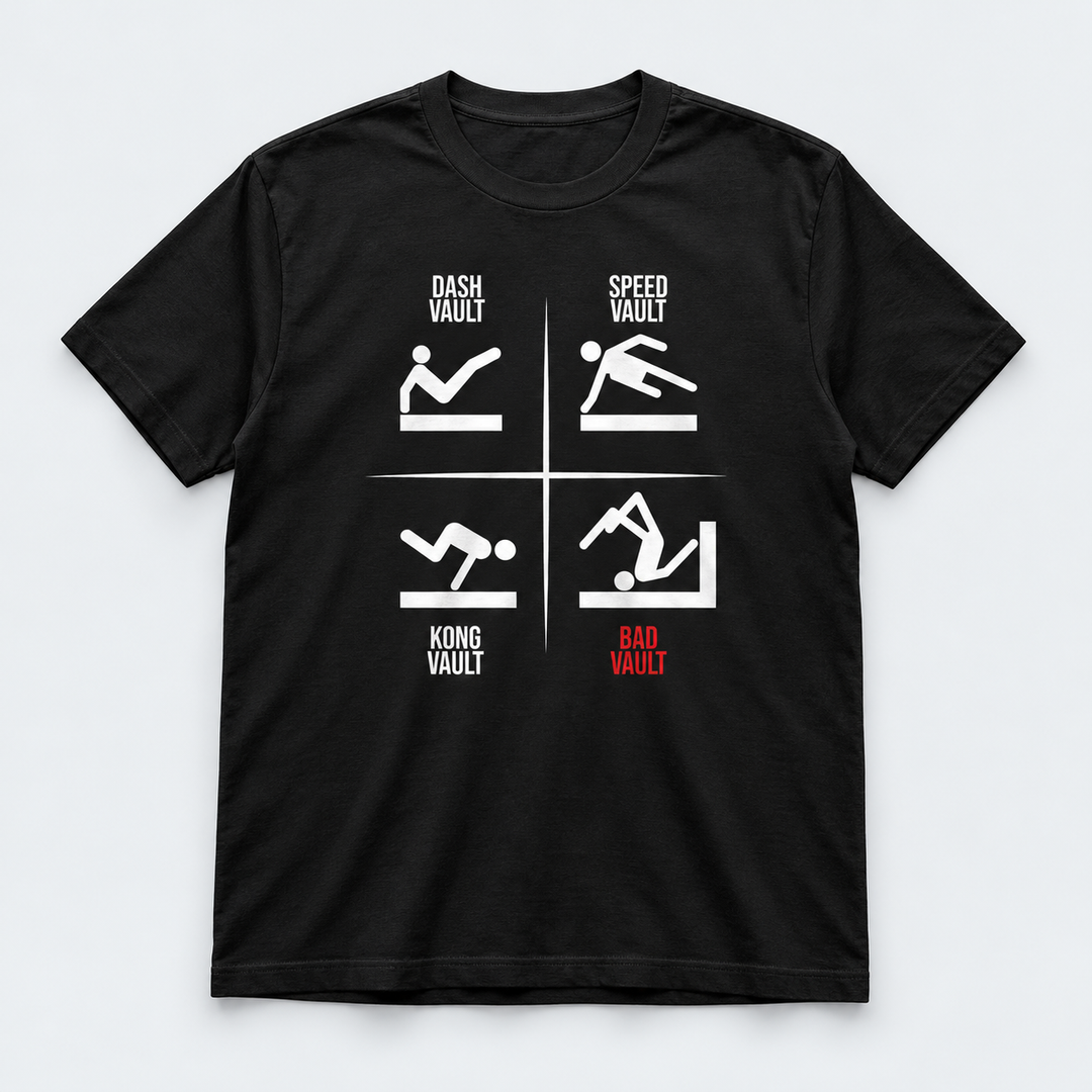 NYHED: Sjov "VAULTS" Parkour T-shirt, sort m/ hvid T-Shirt Parkourshoppen