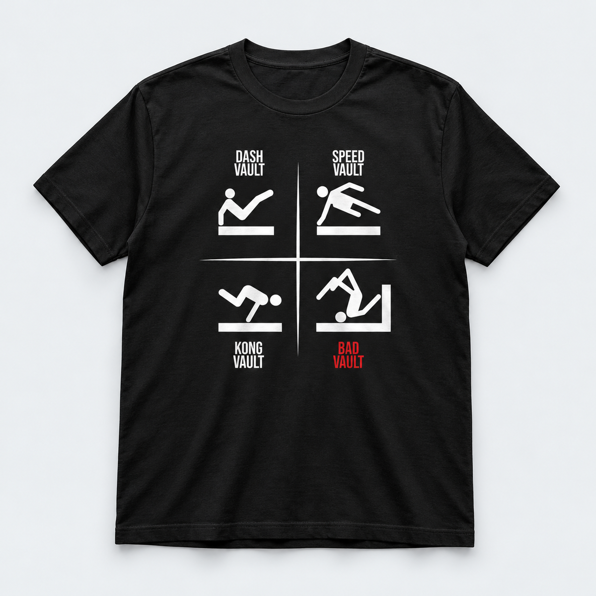 Sort VAULTS parkour T-shirt med hvidt og rødt tryk, vist forfra på lys grå baggrund