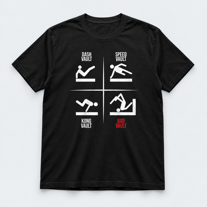 Sort VAULTS parkour T-shirt med hvidt og rødt tryk, vist forfra på lys grå baggrund