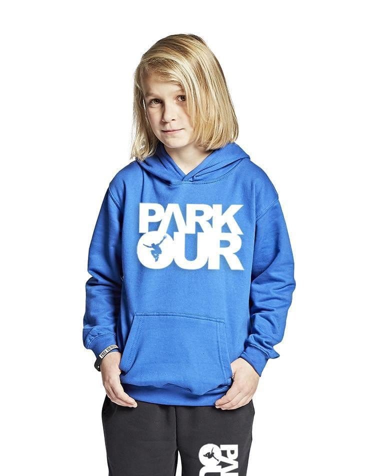 Hoodie m/ Parkour box, blå/hvid Hoodie Parkourshoppen
